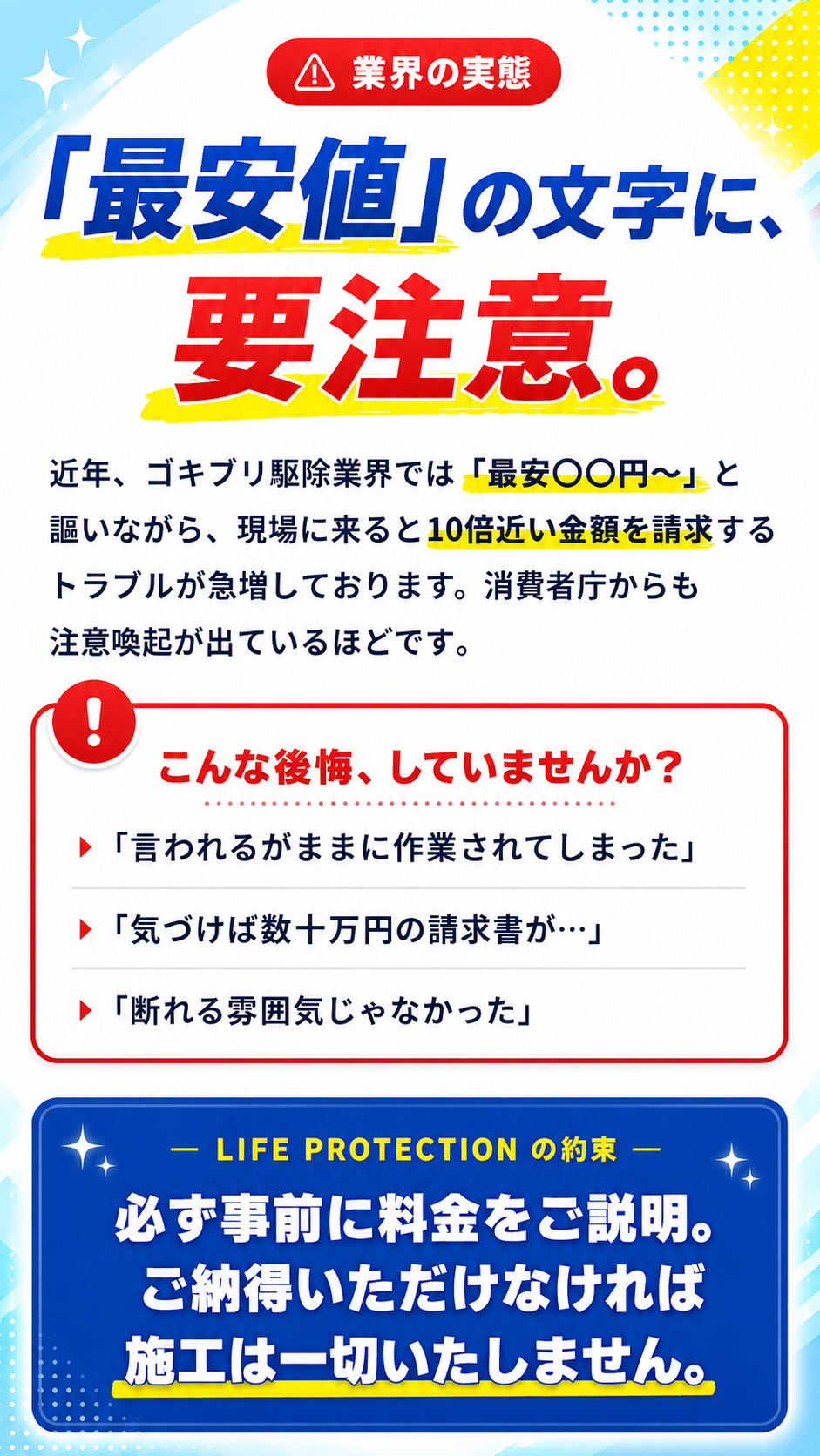 業界の実態：「最安値」の文字に要注意。10倍近い請求トラブルが急増。こんな後悔していませんか？言われるがままに作業された、数十万円の請求書が…、断れる雰囲気じゃなかった。LIFE PROTECTIONの約束：必ず事前に料金をご説明。ご納得いただけなければ施工は一切いたしません。
